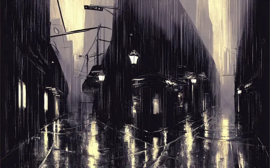 Image similar to !dream concept art, dark wet london alley at night, by ashley wood, by roger deakins, in the style of syd mead atmospheric