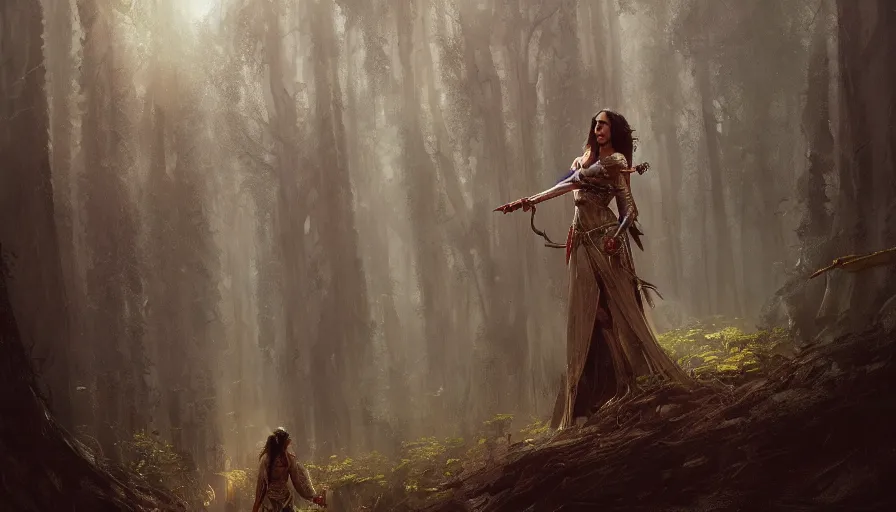 Image similar to A beautiful detailed painting of jennifer connelly as a female angel warrior reigns on a magical forest by greg rutkowski and marc simonetti , Trending on artstation HD.