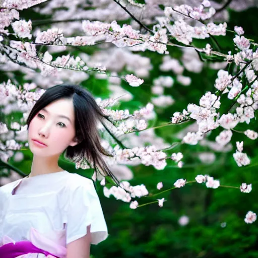 Image similar to a beautiful young Japanese girl, surrounded by sakura petals blowing in the wind, aesthetic!!!, beautiful!!!