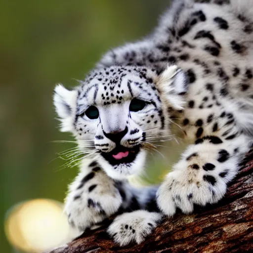 Prompt: very very very very very very cute chibi baby snow leopard playing, portrait, stunning eyes, swatting at air, pixar style, forest background, cinematic lighting, award winning creature portrait photography