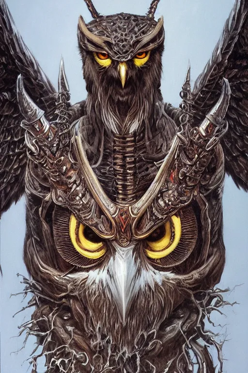 Prompt: full body concept art of owl wear baphomet armor made with porcelain by jeff easley and peter elson, beautiful eyes and face, symmetry face, galaxy, gothic, surreal, dread, highly detailed, intricate complexity, epic composition, magical atmosphere, masterpiece, award winning, trending on artstation