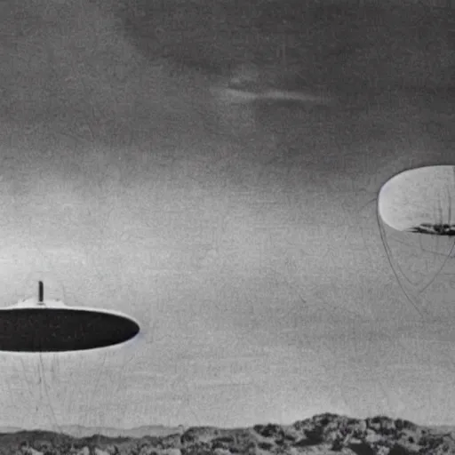 Prompt: in the style of 1 9 5 0 s, a real footage of a scary ufo in the sky, people are running away