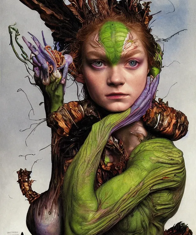 Prompt: a portrait photograph of a harpy x - men with slimy skin being transformed into a beautiful alien. she looks like sadie sink and is wearing a colorful infected sleek organic catsuit. by donato giancola, hans holbein, walton ford, gaston bussiere, peter mohrbacher and brian froud. 8 k, cgsociety, fashion editorial