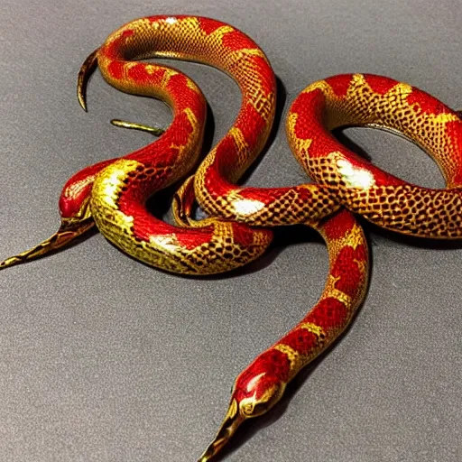 Prompt: beautiful coiled snake with metallic gold and red scales