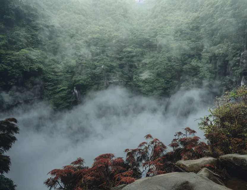 Prompt: a cinematic photo of epic ancient japanese hot springs temples on the top of a mountain in a misty bamboo cloud forest with waterfalls in winter