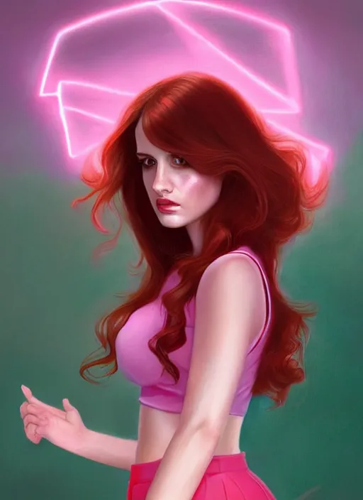 Image similar to full body portrait of teenage cheryl blossom, bangs, green eyes, sultry expression, red hair, sultry smirk, bangs and wavy hair, pink skirt, bangs, intricate, elegant, glowing lights, highly detailed, digital painting, artstation, concept art, smooth, sharp focus, illustration, art by wlop, mars ravelo and greg rutkowski