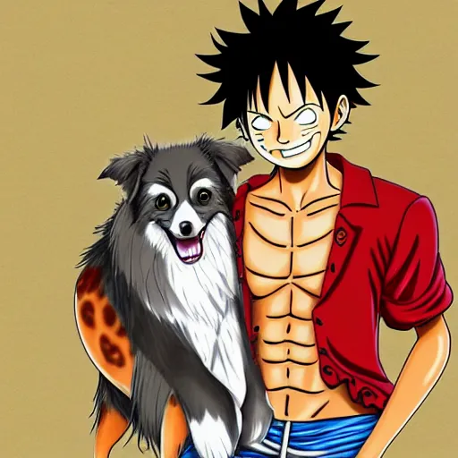 Prompt: luffy from one piece with an australian shepard, by eiichiro oda