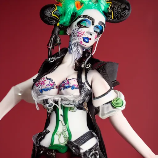 Image similar to cybergoth porcelain woman with artnouveau garment and ornaments sharp focus 8 k