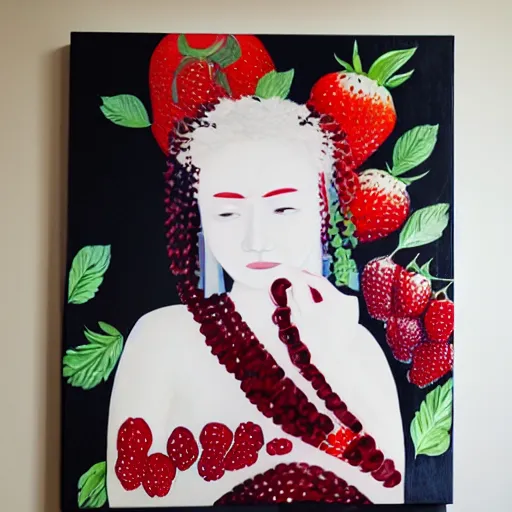 Image similar to “art in an Australian artist’s apartment, portrait of a woman wearing stained white cotton cloth, stained by fresh raspberries and strawberries and blueberries, white wax, edible flowers, Japanese pottery, Australian native white and red flowers ikebana, black walls, acrylic and spray paint and oilstick on canvas”