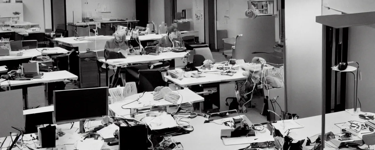 Prompt: security cam footage of someone with their head on spaghetti at their desk, at work, kodachrome, in the style of wes anderson, retro