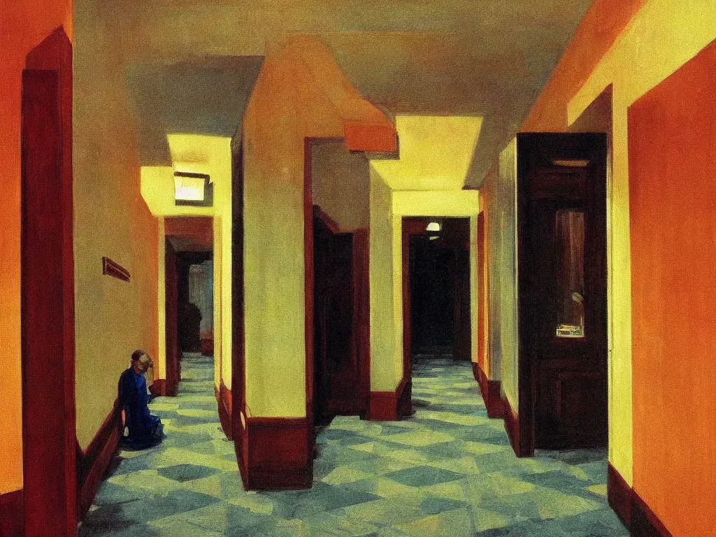 Prompt: the shinning hotel hallway, 70s, americana vibrant colors, dim, dark, cinematic scene of actors, ultra view angle view, realistic detailed painting by edward hopper