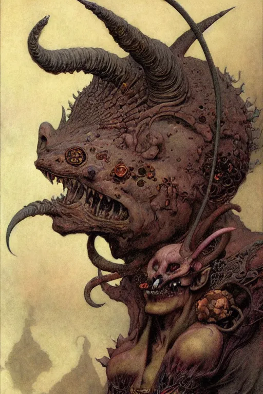 Image similar to a portrait of goetoc demon bune by wayne barlowe, gustav moreau, goward,  Gaston Bussiere and roberto ferri, santiago caruso, and austin osman spare, ((((occult art))))