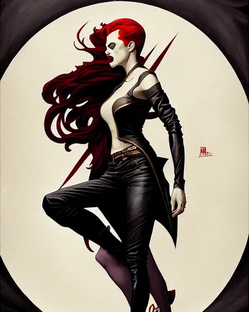 Image similar to rafael albuquerque comic art, art nouveau, peter mohrbacher, artgerm, pretty scarlett johansson vampire sharp vampire teeth open mouth, symmetrical eyes, black leather jacket, jeans, long blonde hair, full body