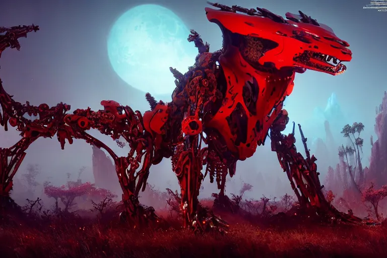 Image similar to a hyper detailed red fanghorn evangelion realistic mechanical and organic creature similar look as horizon forbidden west horizon zero dawn, bioluminiscence in a dark deep forest at dawn in spring, with reflection and textures, by kilian eng, substance painter reaslitic mech surface metal painted scratches,