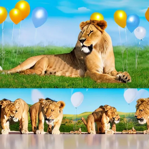 Image similar to award winning panoramic nature photography, a scenic picture of a birthday cake surrounded by lions. balloons are in the background. birthday party setting. extremely detailed lioness. hyperrealistic, 8 k