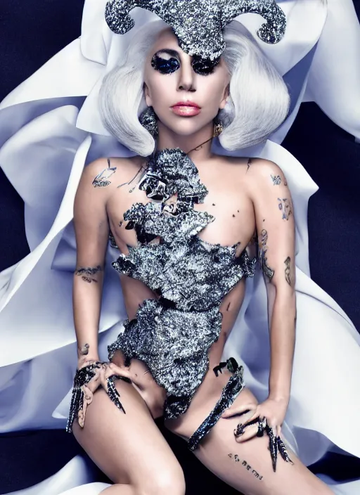 Image similar to lady gaga styled by nick knight posing, artpop, the fame, full body shot, set pieces, intricate set, vogue magazine, canon, highly realistic. high resolution. highly detailed. dramatic. 8 k. 4 k.