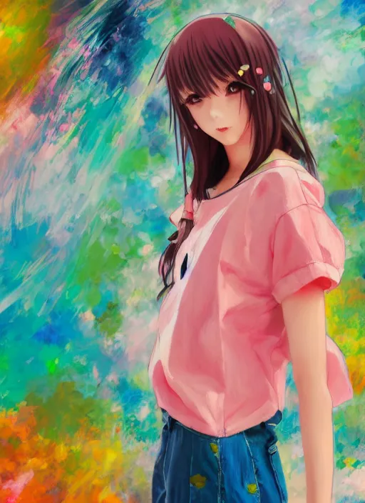 Prompt: a girl wearing thrifty clothing, very anime, trending artwork, 4 k, dynamic, anime painter studio, an impressionist style