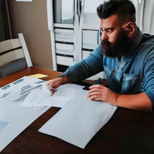 Prompt: a dude named bear, using a printer, with lots of papers on desk