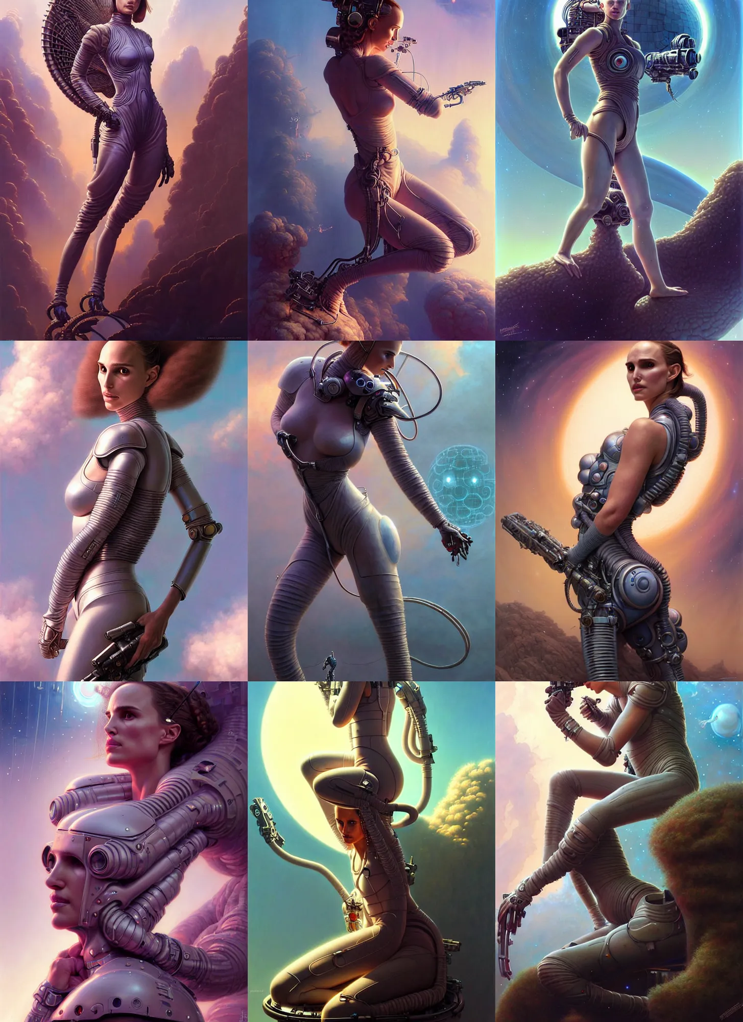 Prompt: beautiful fantasy character portrait, natalie portman resting on an old sci - fi vehicle, jumpsuit, ultra realistic, wide angle, intricate details, the fifth element artifacts, highly detailed by peter mohrbacher, hajime sorayama, wayne barlowe, boris vallejo, paolo eleuteri serpieri