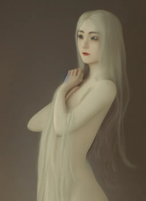 Image similar to beatifull pale wan woman, feminine goddes, side view, lit only by the moonlight, silver hair!!, style of fernand khnopff and lucien levy - dhurmer, 4 k resolution, aesthetic!,