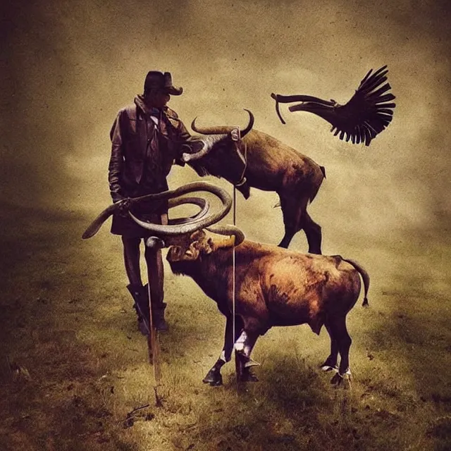 Prompt: incredible modern evocative sentimental artwork of buffalo hunters, buffalo emotion midnight in the style of tim walker fashion photography, buffalos hunting hunters, larger than life