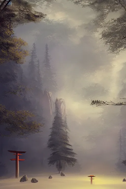 Image similar to Japanese Torii in the center of the picture , torii in a moutain with trees ,night , by Grzegorz Rutkowski, concept art , wide angle