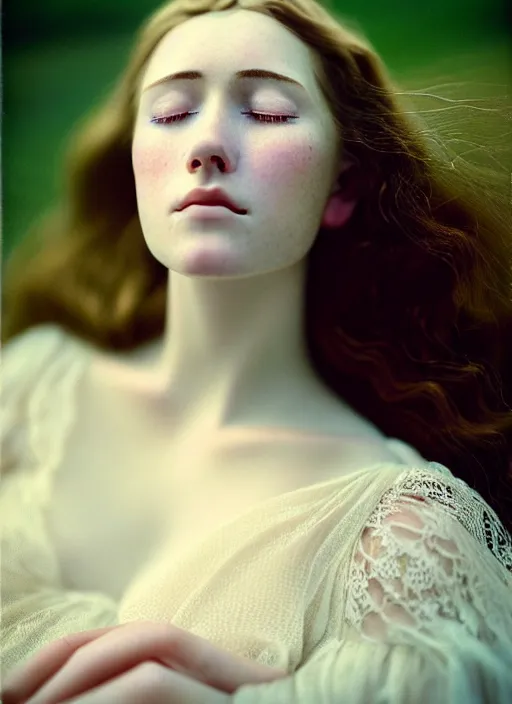 Image similar to Kodak Portra 400, 8K, soft light, volumetric lighting, highly detailed, britt marling style 3/4, Close-up portrait photography of a beautiful woman how pre-Raphaelites a woman with her eyes closed is surrounded by water, she has a beautiful lace dress and hair are intricate with highly detailed realistic beautiful flowers , Realistic, Refined, Highly Detailed, natural outdoor soft pastel lighting colors scheme, outdoor fine art photography, Hyper realistic, photo realistic