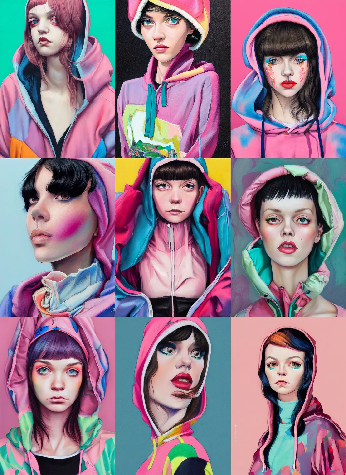 Prompt: gorgeous young woman in the style of martine johanna, wearing a hoodie, standing in a township street, street fashion outfit,!! haute couture!!, full figure painting by martine johanna, artgerm, ilya kuvshinov, david choe, pastel color palette, sharp focus, detailed, intricate, elegant, 2 4 mm lens