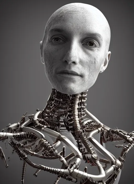 Prompt: portrait photography of desperate human connected to biomechanical machine, masterpiece, clean 3 d render, seamless