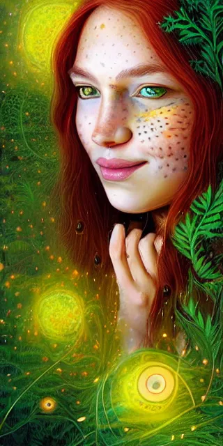 Image similar to infp young woman, smiling amazed, golden fireflies lights, sitting in the midst of nature fully covered, long loose red hair, intricate linework, bright accurate green eyes, small nose with freckles, oval shape face, realistic, expressive emotions, dramatic lights spiritual scene, hyper realistic art by michael cheval, jessica rossier, boris vallejo