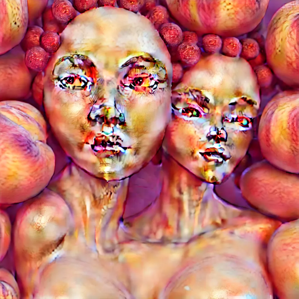 Prompt: A portrait of joyful Queen of peach fruits fairies, skin made of pale human skin. Soft details. Wide angle. clear eyes. Octane Render. art nouveau. 4k. 8k. UHD. Detailed. Trending on artstation. Bokeh.