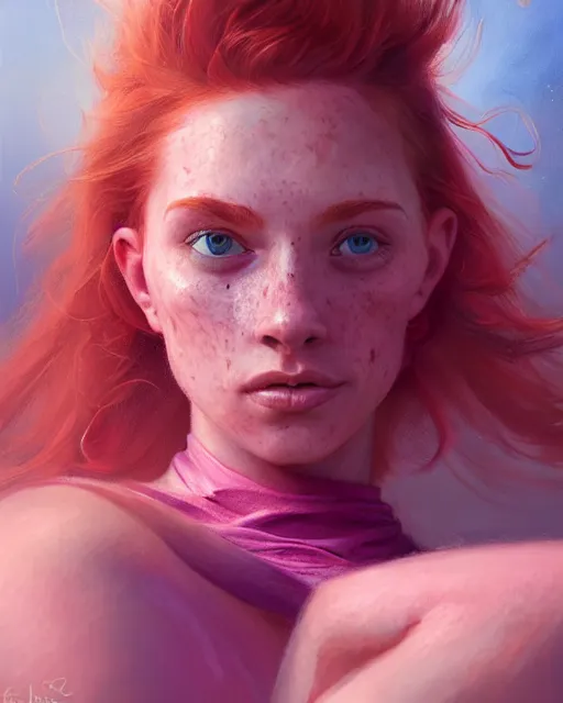 Prompt: female influencer, perfect face, pink halter top, ginger hair, abs, cinematic, freckles, stunning, adorable, cute, athletic, strong, agile, highly detailed, psychedelic, digital painting, artstation, smooth, hard focus, illustration, art by jessica rossier and and brian froud