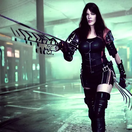 Image similar to full body photo of liv tyler as a cyberpunk archer