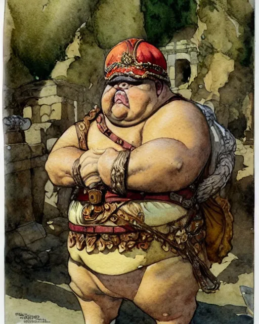 Image similar to a realistic and atmospheric watercolour fantasy character concept art portrait of a fat adorable chibi bulldog roman soldier in a roman temple, by rebecca guay, michael kaluta, charles vess and jean moebius giraud