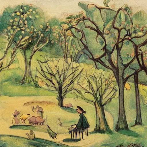 Prompt: A beautiful conceptual art depicting a farm scene. The conceptual art shows a view of an orchard with trees in bloom. by Gerda Wegener, by Peter Milligan dynamic