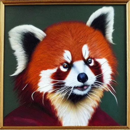 Image similar to oil painting of an anthropomorphic red panda in military uniform, amazing detail