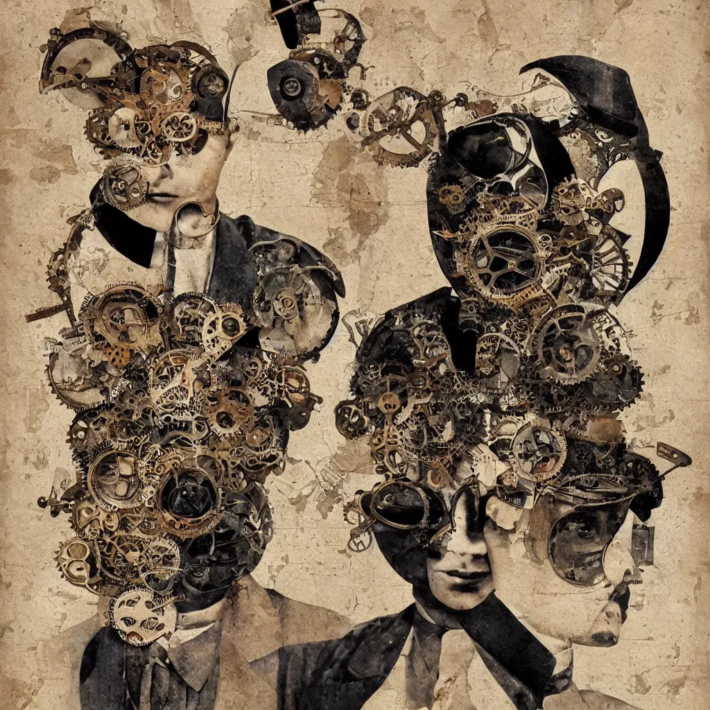 Image similar to steampunk boy with a super detailed and intricate mask, collage in the style of hannah hoch