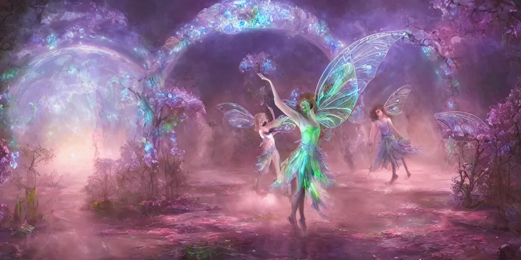 Image similar to concept art of translucent glowing fairies dancing, lovecraftian, renaissance, melting, round moon, rich clouds, moon rocks, large alien flowers, very detailed, volumetric light, mist, fine art, textured oil over canvas, epic fantasy art, very colorful, ornate intricate shiny scales, fractal gems