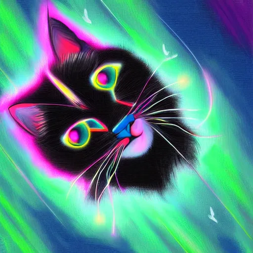 Image similar to fluffy paw of cat cyborg catch ladybag, neon color, detalized, digital painting