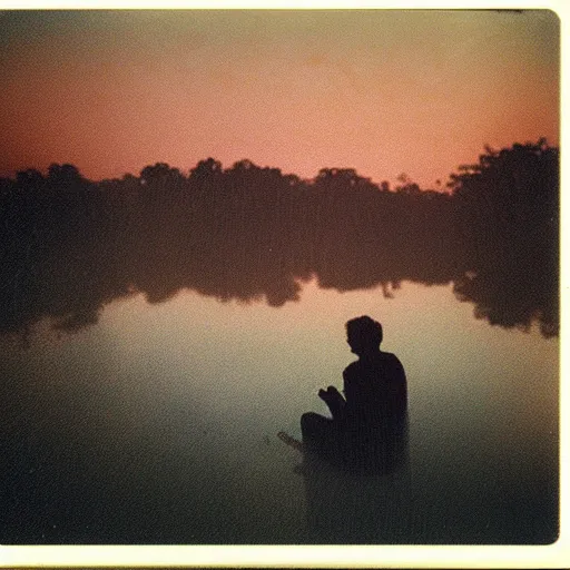 Image similar to extremely sad scene of a man sitting on the edge of a lagoon, mist, bloody sunset, polaroid photography from the 70s