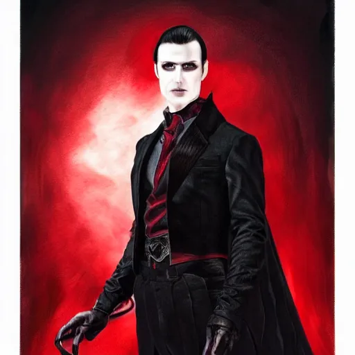 Image similar to a vampire, male, mid - 4 0 s aged, long, slicked black hair, clean shaven, in red and black, regal, high fantasy, oil painting, realistic, full body shot, concept art.