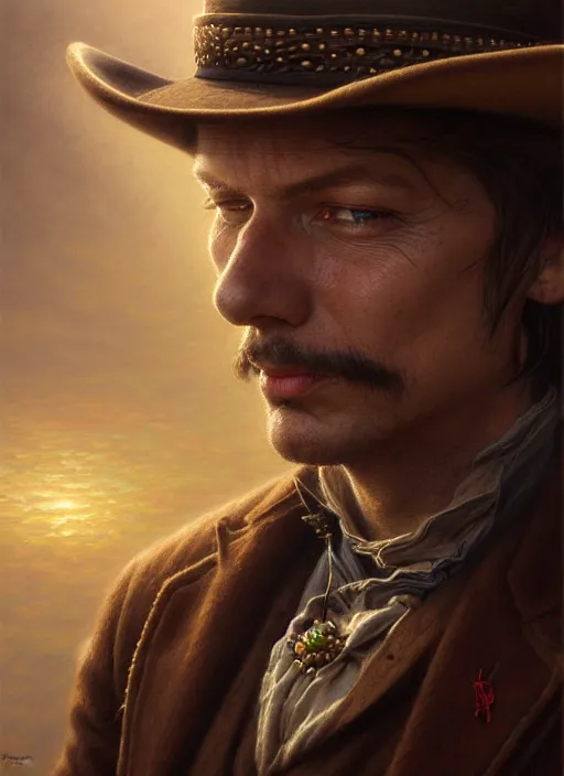 Prompt: closeup portrait shot of a victorian cowboy in a scenic mystery environment, intricate, elegant, highly detailed, centered, digital painting, artstation, concept art, smooth, sharp focus, illustration, artgerm, tomasz alen kopera, peter mohrbacher, donato giancola, joseph christian leyendecker, wlop, boris vallejo