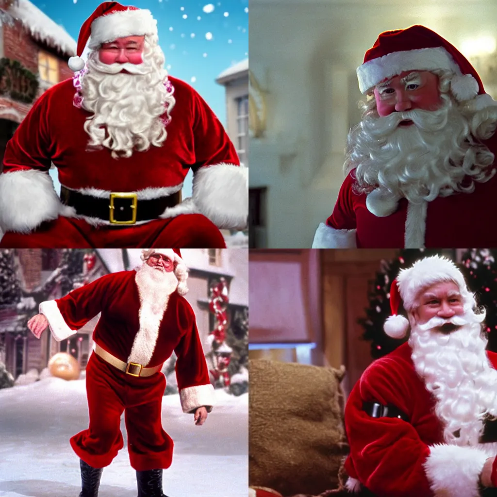 Prompt: Dwayne the Rock Johnston as Santa Claus, movie still, cinematic
