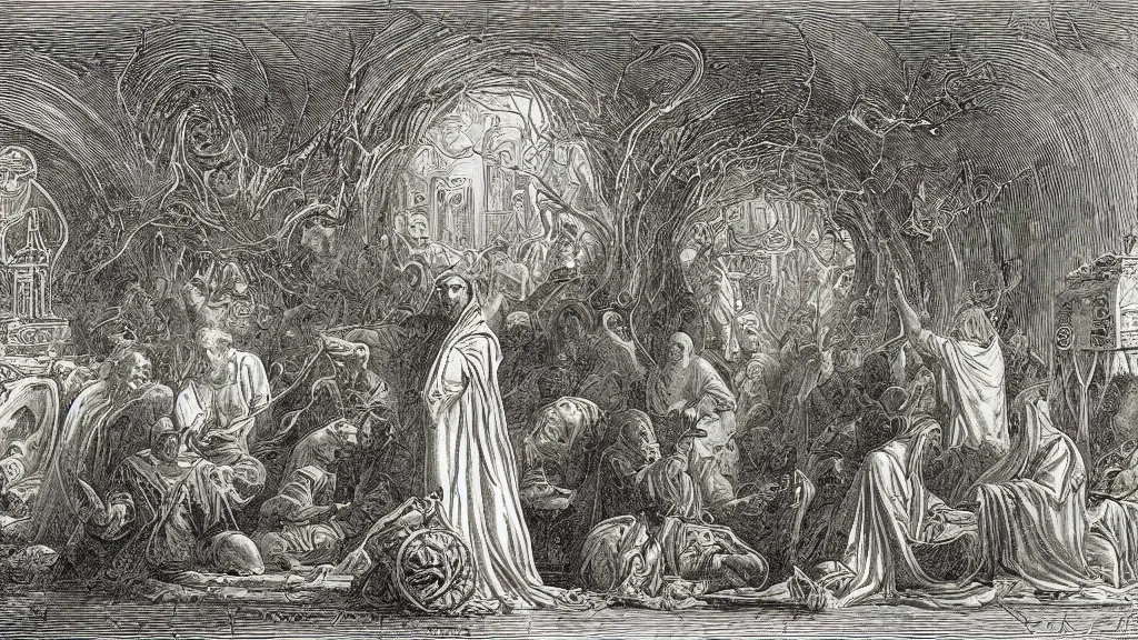 Image similar to mankinds discovery of alchemy sacred geometry engraving by gustave dore