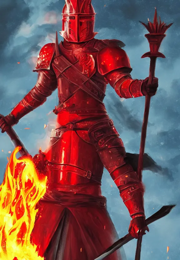 Image similar to a red knight with fire sword, volcano background, digital painting, highly detailed, intricate