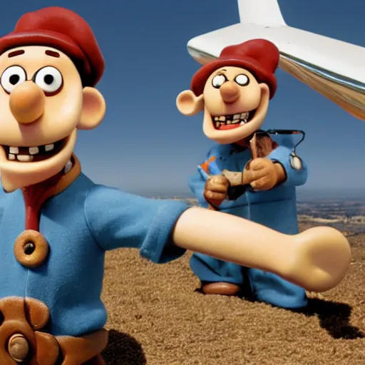 Image similar to Wallace and Gromit flying a plane