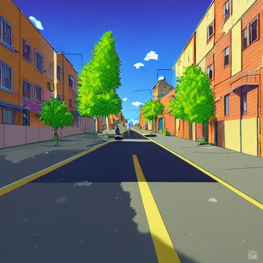 Image similar to neighborhood street, uptown street, golden hour, golden sunshine, trees over road, shining sun in distance, trees, juniper trees, oak trees, cars parked in street, long street, distance, cel - shaded, raytracing, cel - shading, toon - shading, 2 0 0 1 anime, flcl, jet set radio future, drawn by artgerm