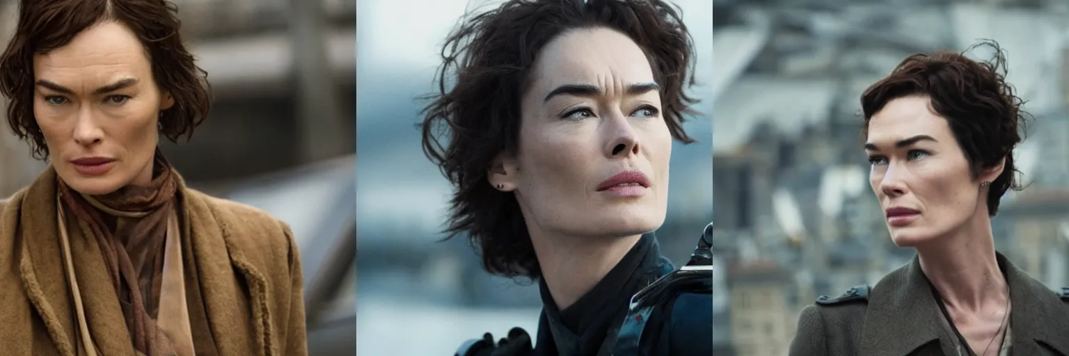 Prompt: close-up of Lena Headey as a detective in a movie directed by Christopher Nolan, movie still frame, promotional image, imax 70 mm footage