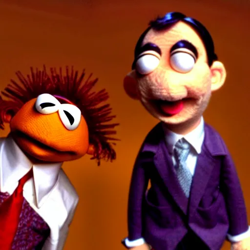 Image similar to mr. bean as a muppet from the muppet show. movie still. cinematic lighting.