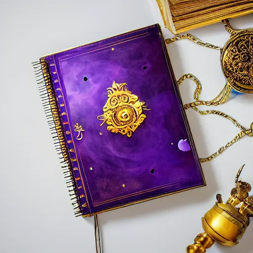 Image similar to a purple spell book with ornate filagree of imbued metal and gold sitting on top of a cloud with a space background